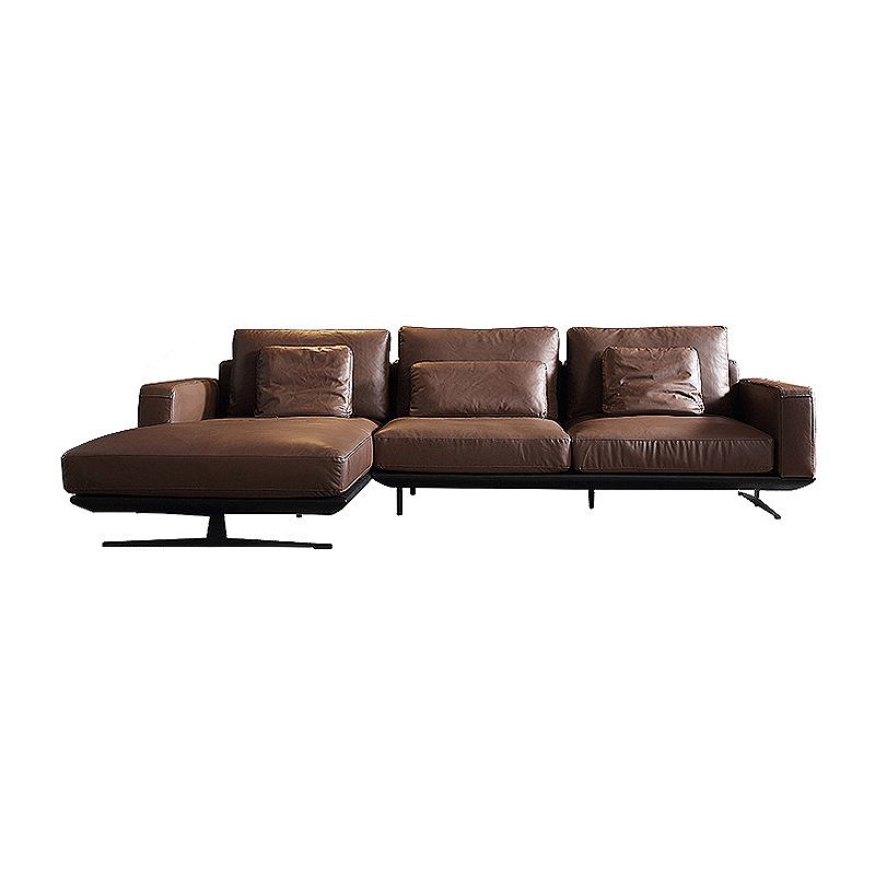 Mid-Century Modern Square Arm Sofa and Chaise Genuine Leather Sectional for Living Room