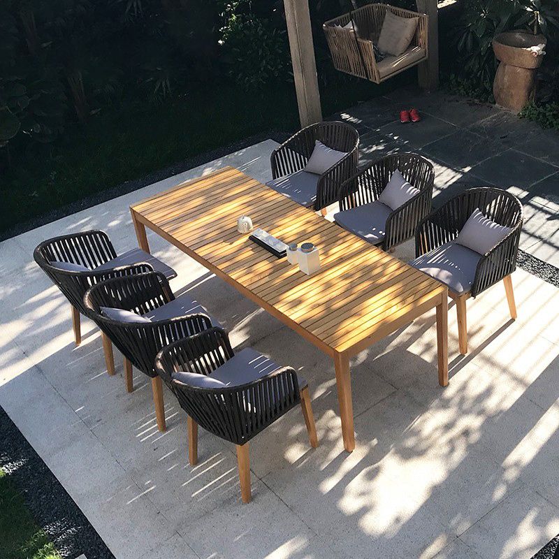 Tropical Patio Dining Armchair in Brown with Natural Wooden Base