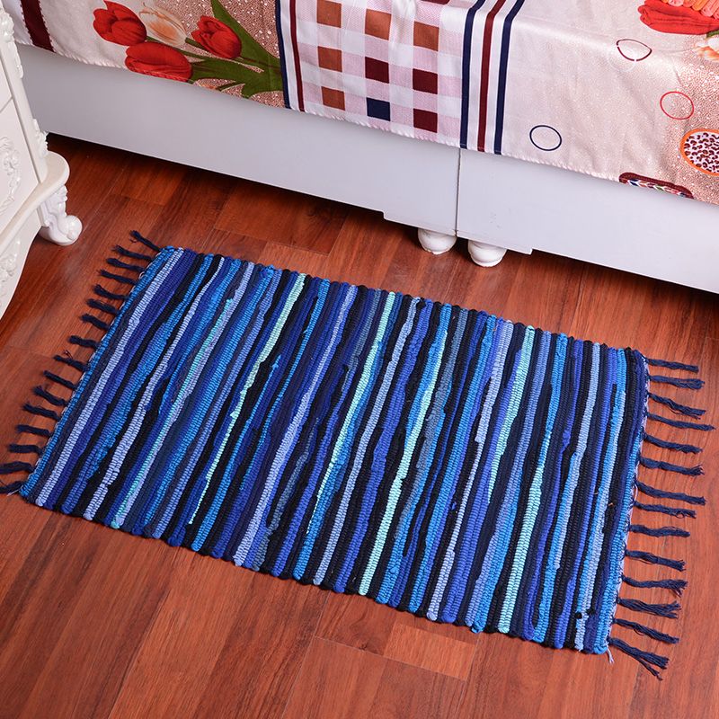 Multicolor Bedroom Rug Modern Striped Pattern Rug Cotton Anti-Slip Backing Washable Area Rug