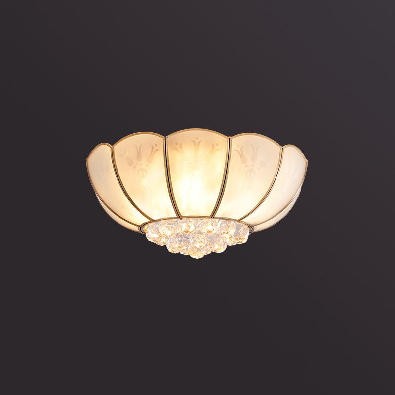Farmhouse Bowl Semi Flush Mount Light Frosted Glass Ceiling Lighting in Brass with Orb Crystal Accent