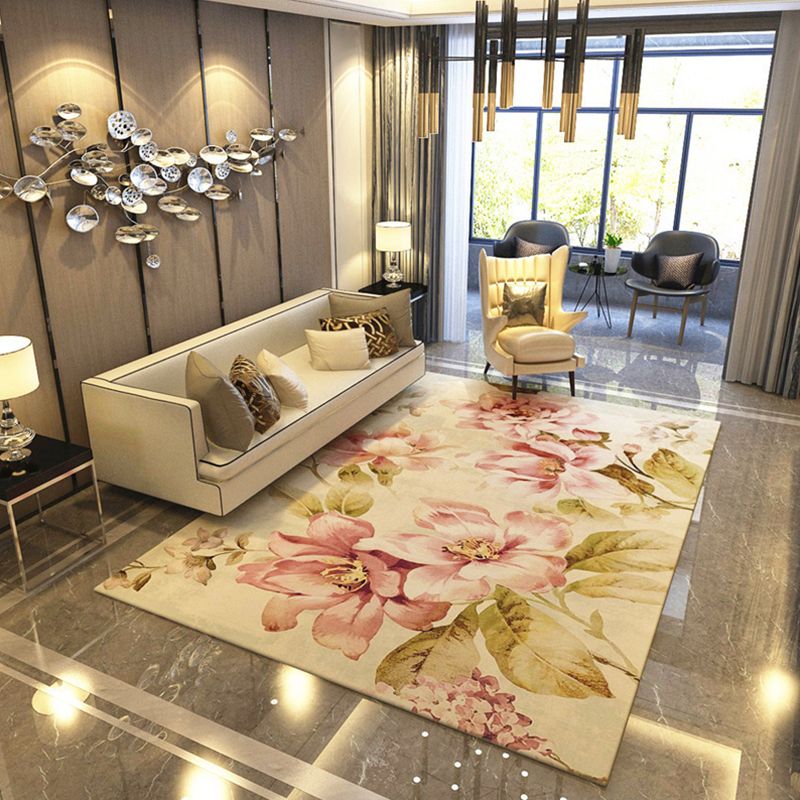 Modern Living Room Rug Multicolored Plant Pattern Indoor Rug Synthetics Anti-Slip Backing Washable Carpet