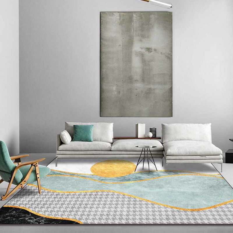Modernist Colorblock Houndstooth Pattern Rug Turquoise Polyester Rug Non-Slip Pet Friendly Washable Are Rug for Bedroom