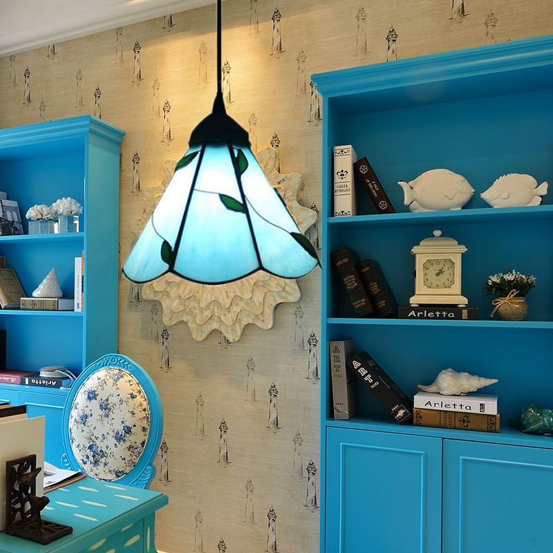 Stained Glass Blue/Beige Pendant Lamp Scalloped 3 Bulbs Tiffany Hanging Light Kit for Dining Room