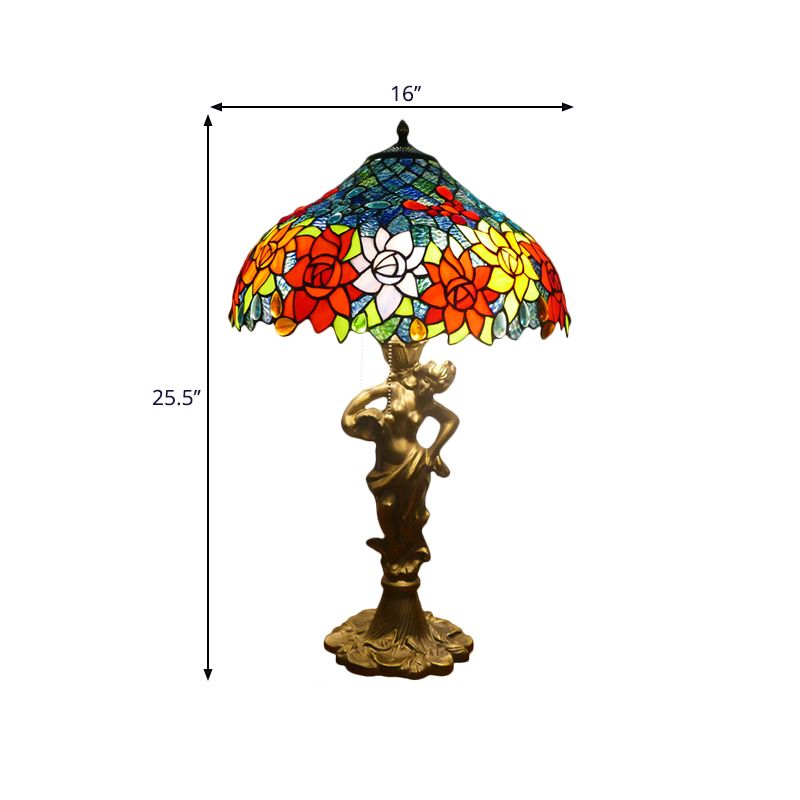 Lampe de nuit en or Méditerranéen 3 lumières coupées en verre de paille de nuit de la chaîne de cheminée avec une base de femme nue