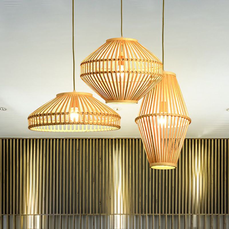 Cage Restaurant Pendant Lamp Bamboo 1 Bulb Modern Style Hanging Light in Beige