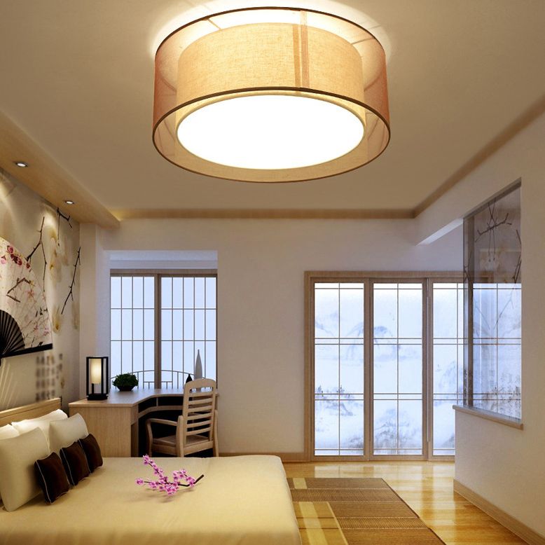Brown Cylindrical Ceiling Light in Traditional Classic Style Wrought Iron Indoor Flush Mount with Flax Fabric Shade