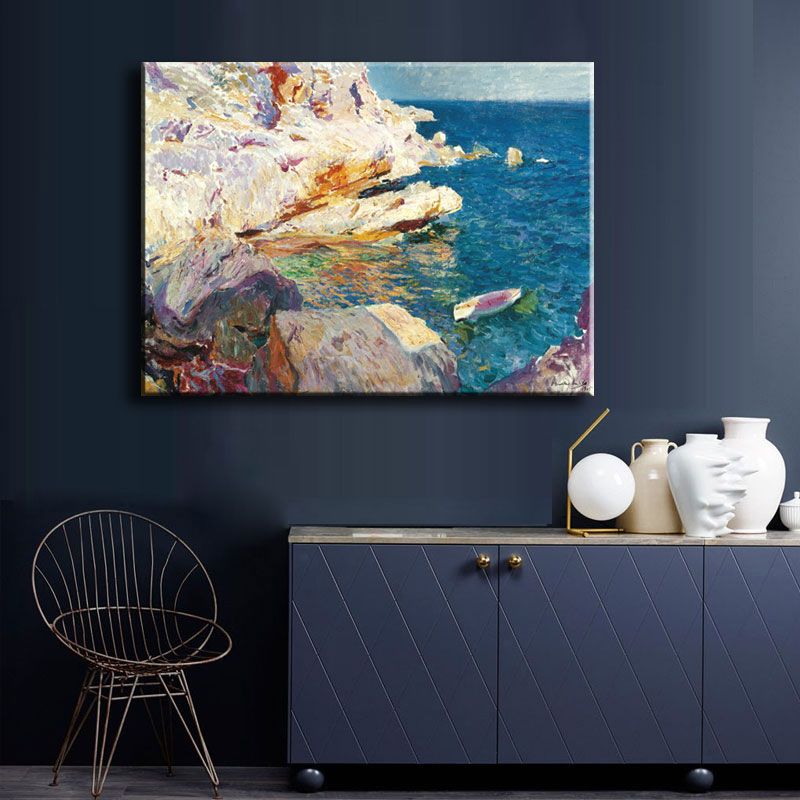 Tropical Ocean Rock Shore Canvas Art Blue-White Textured Painting for Sitting Room