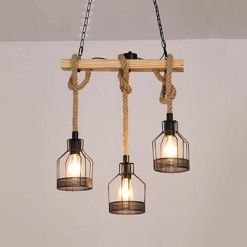 3 / 5 - Light Kitchen Island Fixture Wood and Iron Ceiling Lighting with Hemp Rope