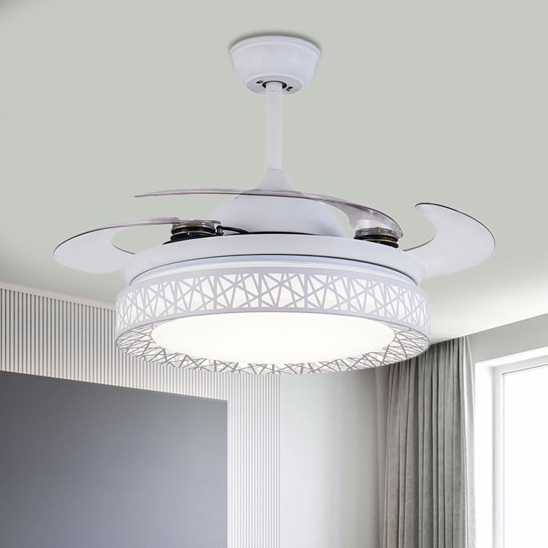 Lámpara de ventilador de dormitorio redondo LED contemporáneo de metal 36 "w Luz de semi flush blanca con 4 cuchillas, control remoto/de pared/control remoto y de pared
