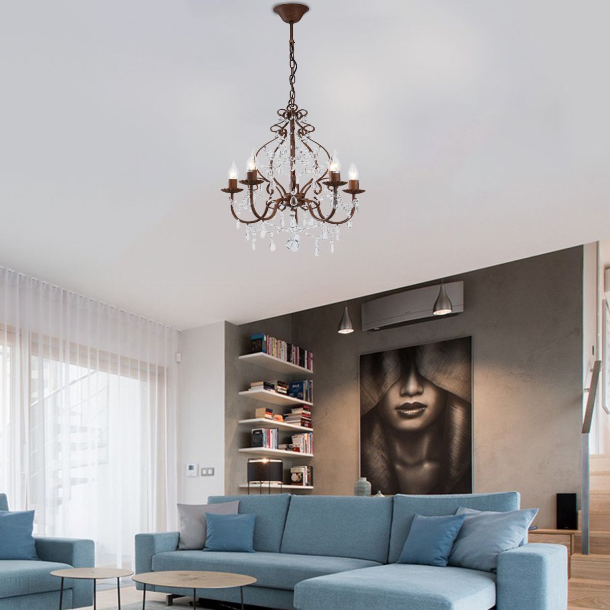 Suspension de bougie de style antique avec brin à cristal clair 5 lumières lustre lumière dans la rouille foncée pour le foyer