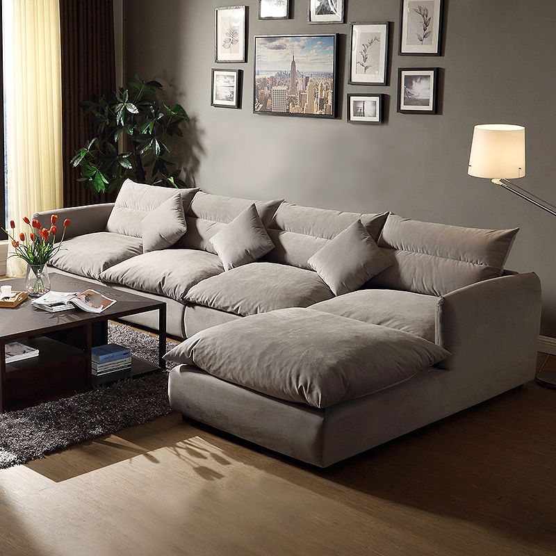 Square Arm Light-grey Contemporary Velvet L-Shape Sofa for Living Room