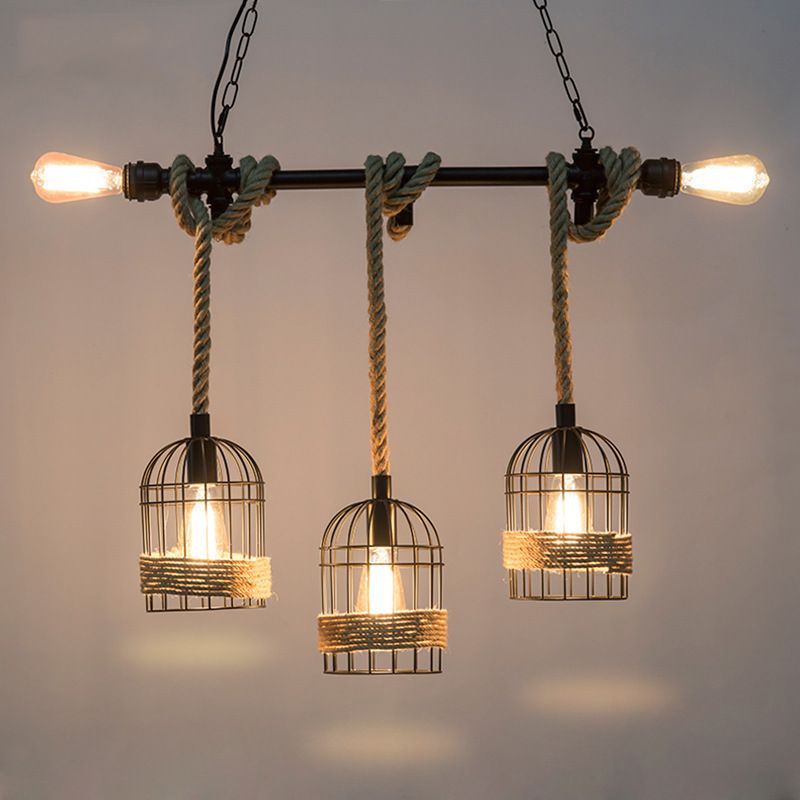 Birdcage Rope Island Ceiling Light Rustic 5-Light Dining Room Pendant Lighting in Black