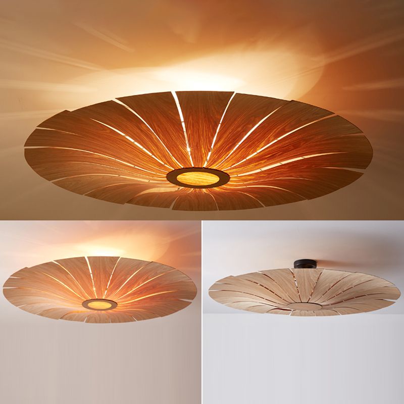 Simple Flush Mount Light Fixture Modern Ceiling Lamp with Wooden Shade for Sitting Room