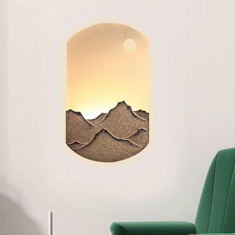 Éclairage mural ovale argenté / marron Light de style chinois LED LED acrylique mural d'éclairage avec un motif de montagne pour la chambre