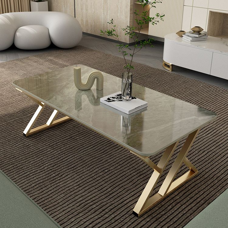 Rectangle Stone Top Coffee Table with Iron Sled Base Cocktail Table