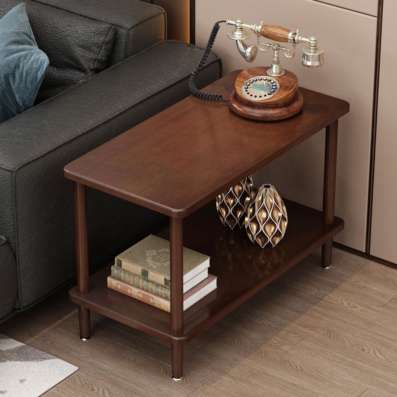 Modern Solid Wood End Slide Table 4 Legs with Shelf Double Tier Side Table