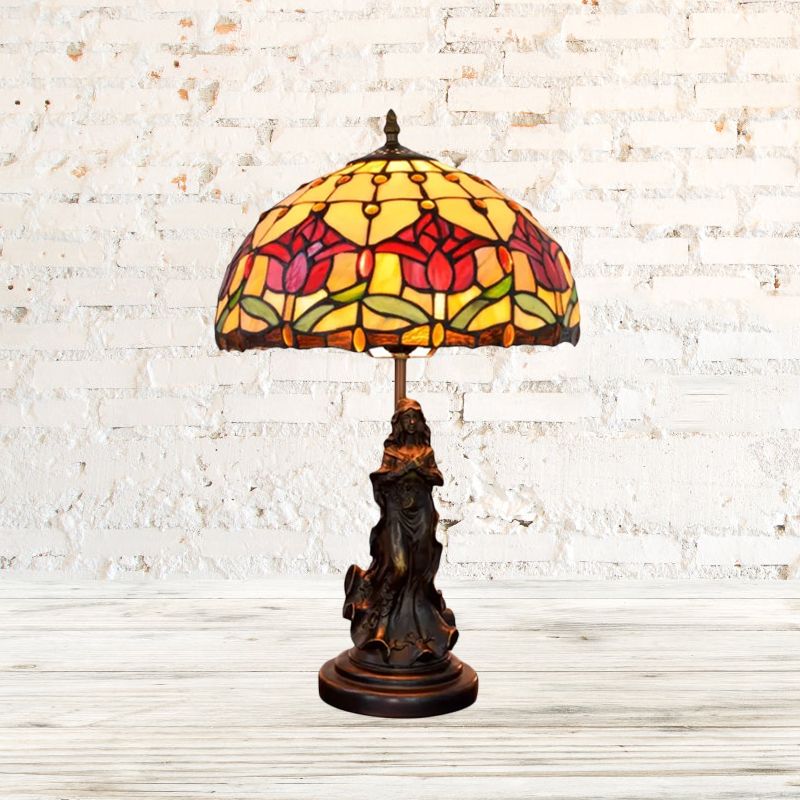Magpie/flor de cúpula estampada lámpara nocturna Tiffany White/beige Vidrete 1 cabezal de mesa de bronce Luz con pedestal de ángel