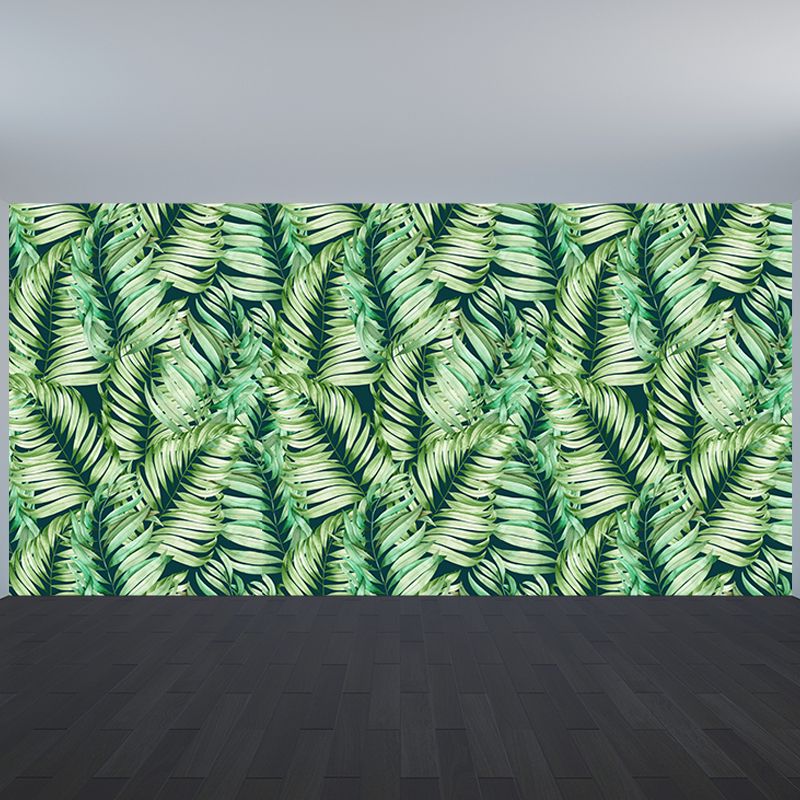 Green Leaves Pattern Mural Wallpaper Stain Resistant Tropical Dining Room Wall Covering
