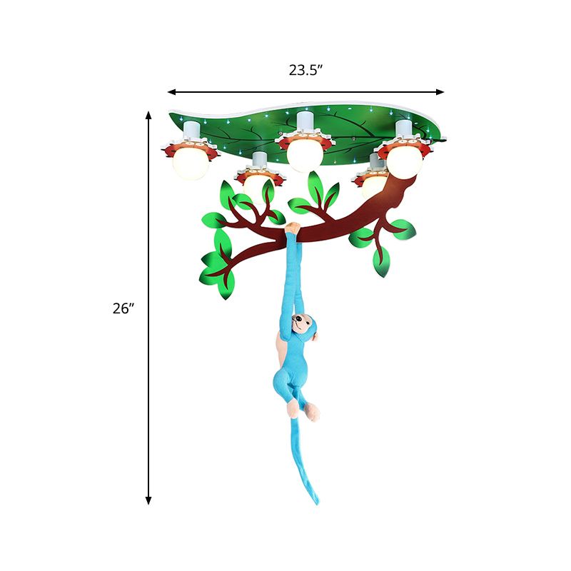 Salle de soins infirmiers Ceiling Fixture with Hanging Monkey Wood 4 Lights Green Ceiling Mount Light