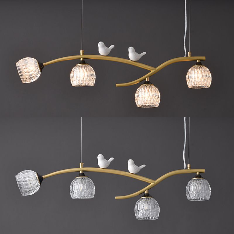 4 Lights Brass Branch Shaped Island Light Pineapple Texture Glass Shade Modern Style Dining Room Lighting Fixture with Ceramic Bird Decoration
