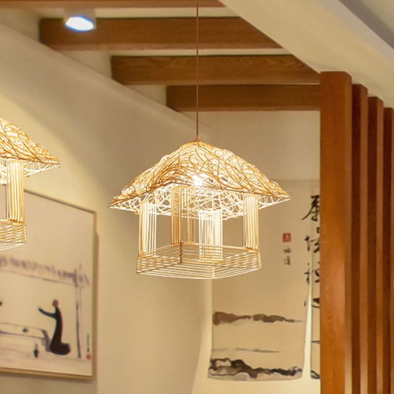 Asian 1 Bulb Pendant Light Beige House Suspended Lighting Fixture with Bamboo Shade
