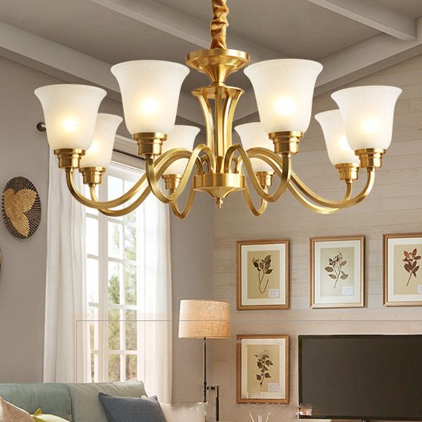 Traditional Brass Chandelier Light Multi-Head Suspension Light with White Glass Shade