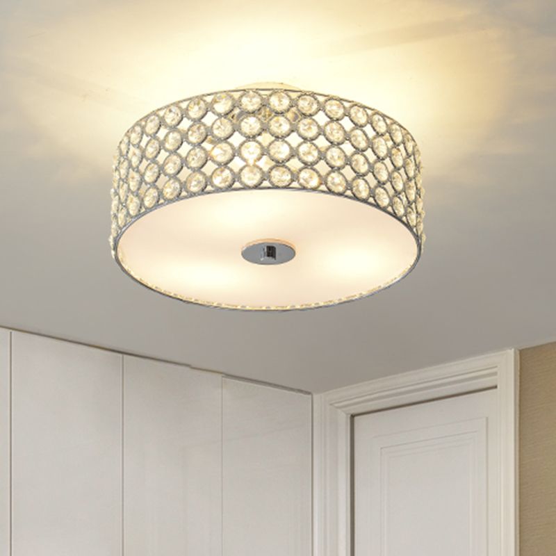 Crystal Drum Ceiling Flush Light Contemporary 3 Lights White Bedroom Flush Mount Lamp
