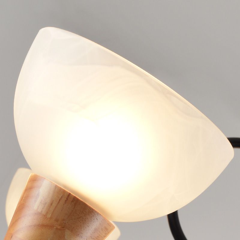 Opal Frosted Glass Bowl Up Chandelier Nordic Wood and Black Ceiling Light for Bedroom