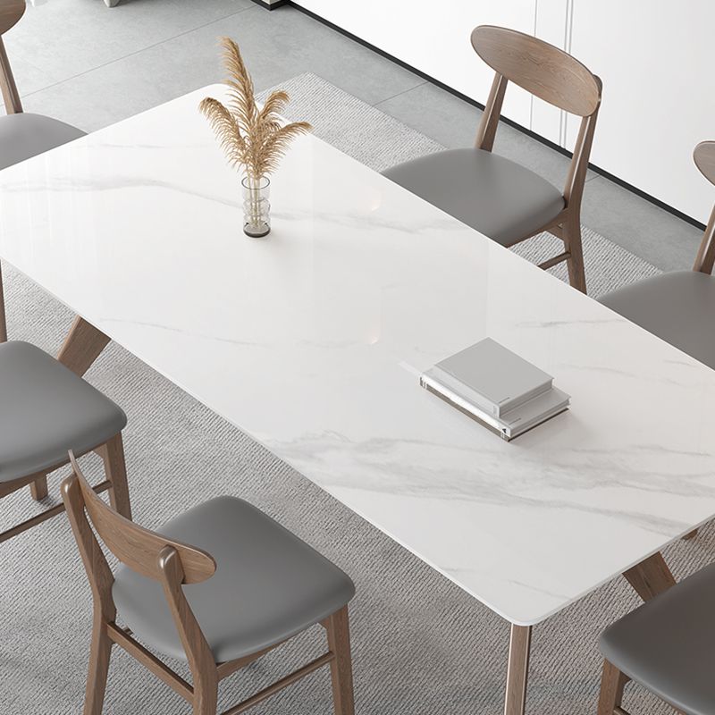 Modern Sintered Stone White Table Dining Table with Wooden Base and 4 Legs