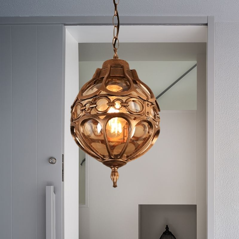 Restaurant rond Hanging Light Farmhouse Amber Glass 1 Light Black / Brass Plafond Suspension Lampe avec cage