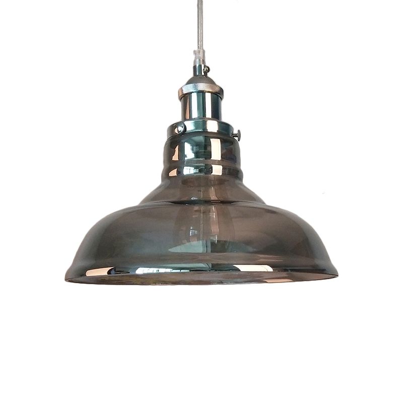 Industrial Cone/Barn Pendant Lamp 1 Light Smoked Glass Hanging Light Fixture in Chrome