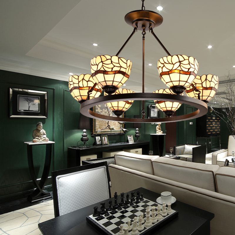 Beige Glass Bowl Chandelier with Adjustable Chain 6 Lights Rustic Hanging Ceiling Light in Beige