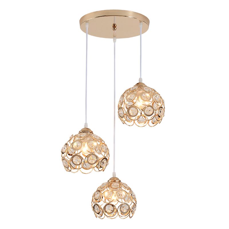 Round Crystal Suspension Light Fixture Contemporary 3-Light Gold Finish Multiple Hanging Light
