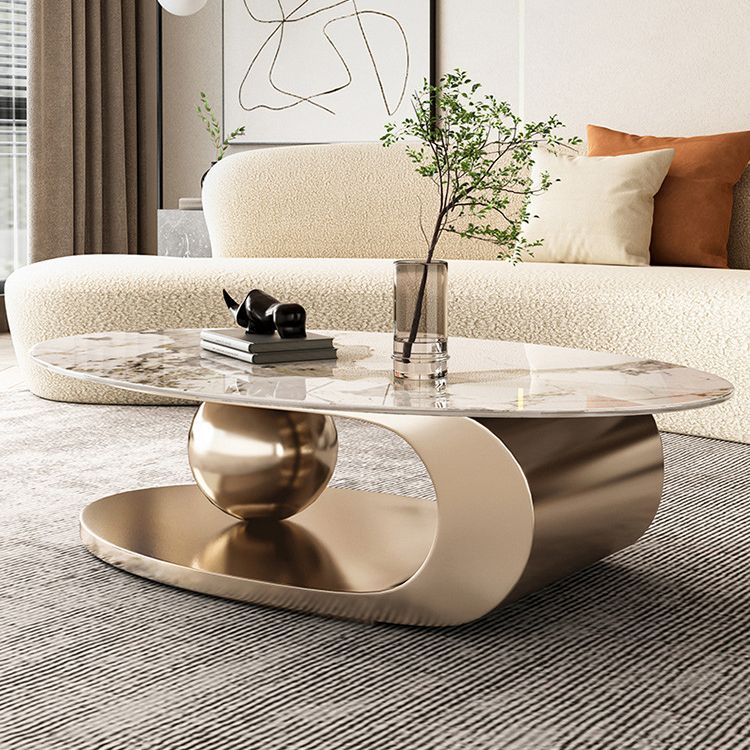 Elliptical Slate Glam Coffee Table 27.6" D Abstract Cocktail Table with Floor Shelf