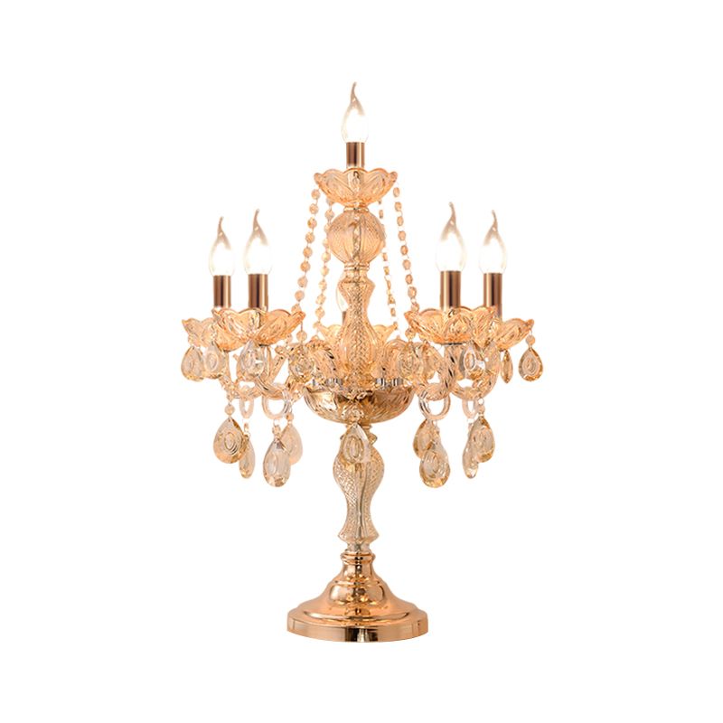 5/6 têtes Candelabra Table Light Traditional Gold Crystal Droplets Tablette de nuit avec / Sans nuance de tissu de cloche blanche