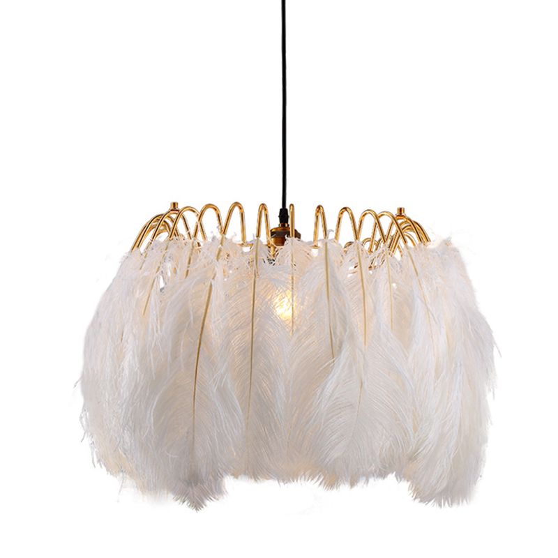 White Drum Pendant Lighting Fixture Modern Style Feather Suspension Pendant Light