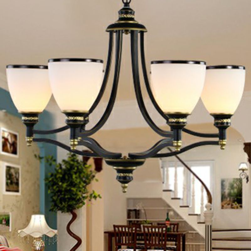 Bell Living Room Ceiling Lighting Traditional Opal Glass Black Chandelier Light Fixture
