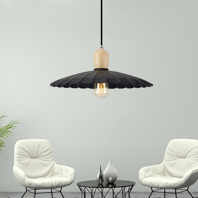 1 Light Scalloped Edge Hanging Lamp Vintage Stylish Black/White/Black Outer and White Inner Metal Pendant Light for Dining Table, 9"/14"/16" Diameter