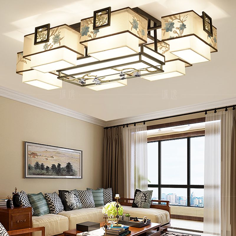 3/5/7 Heads Flush Lamp Chinese Style Fabric Flush Ceiling Light for Living Room Dinning Room