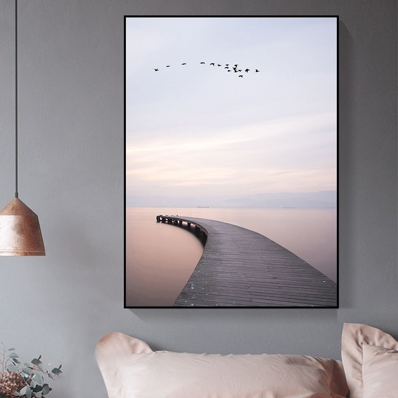 Brown Minimalist Wall Art Photo River Curved Bridge View Canvas Print for Bedroom