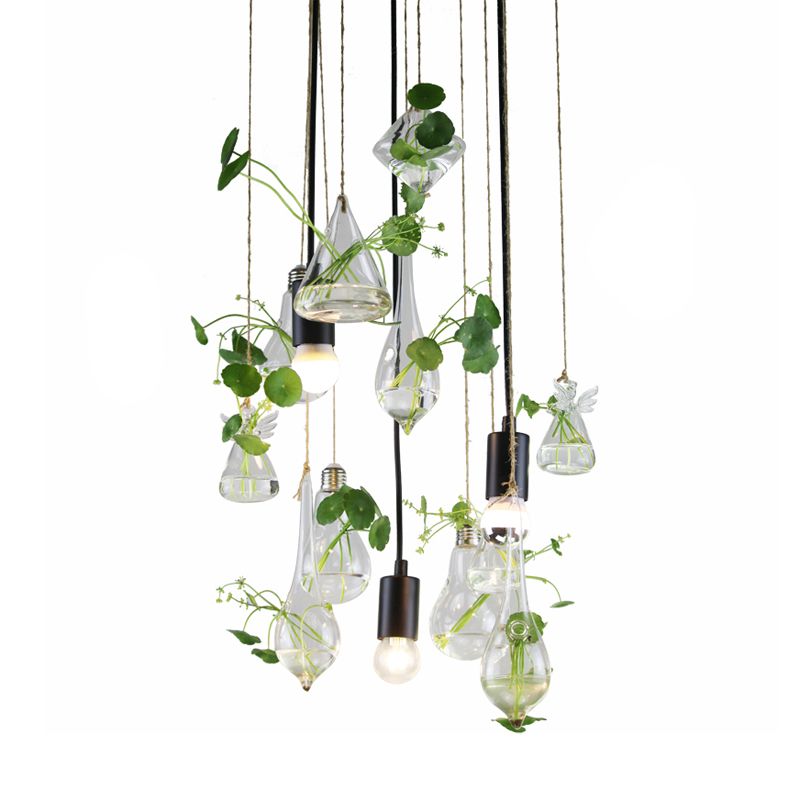 Green 3-Light Planter Cluster Pendant Industrial Clear Glass Teardrop Ceiling Hang Fixture with Open Bulb