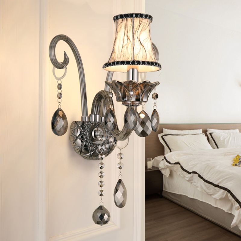 Smoke Gray Crystal Bell Sconce Retro 1/2-Bulb Living Room Wall Lamp with Fabric Shade