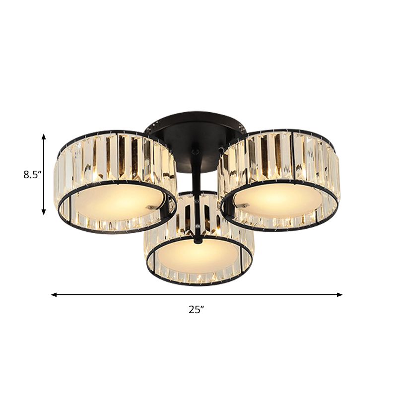 3/5/6 Lights Living Room Ceiling Light Fixture Modern Black Flush Mount with Drum Crystal Shade
