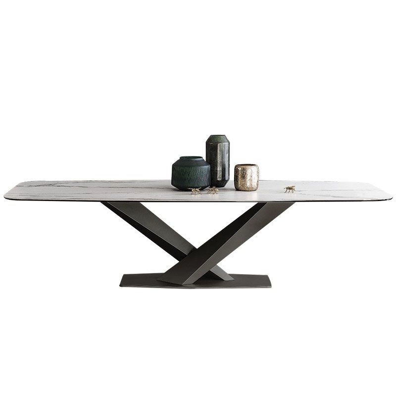 Sintered Stone Table for Restaurant Industrial Rectangle Dining Table Metal Pedestal