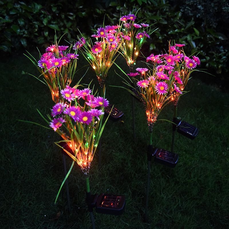 Rose Red Daisy Ground Light Decorative Fabric Solar LED Path Lamp for Courtyard, 2 Packs