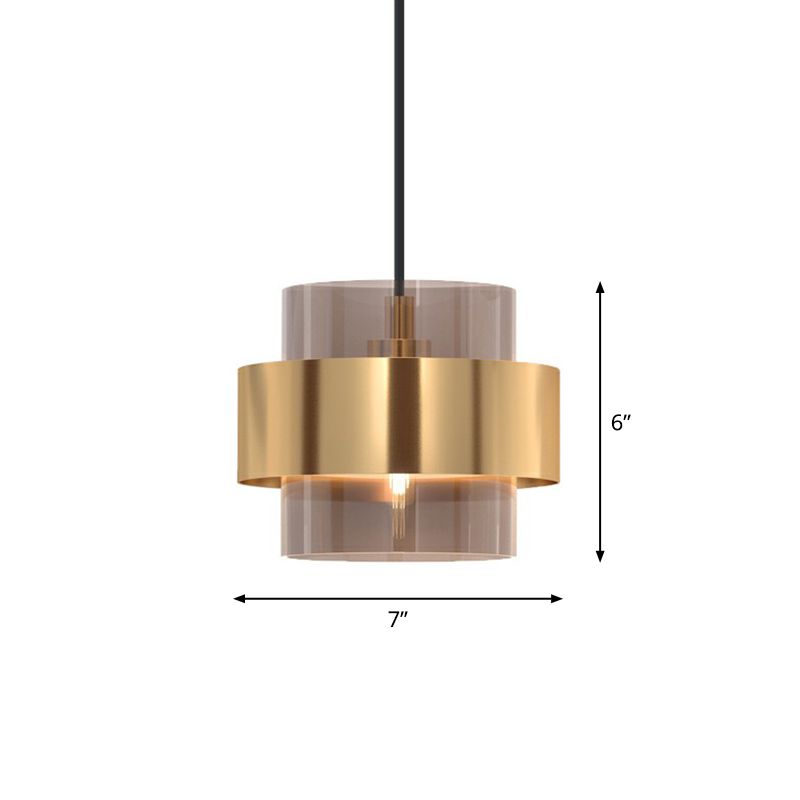 Cognac Glass Cylindrical Pendant Light Fixture Nordic 1 Head Hanging Lamp with Gold Ring Guard