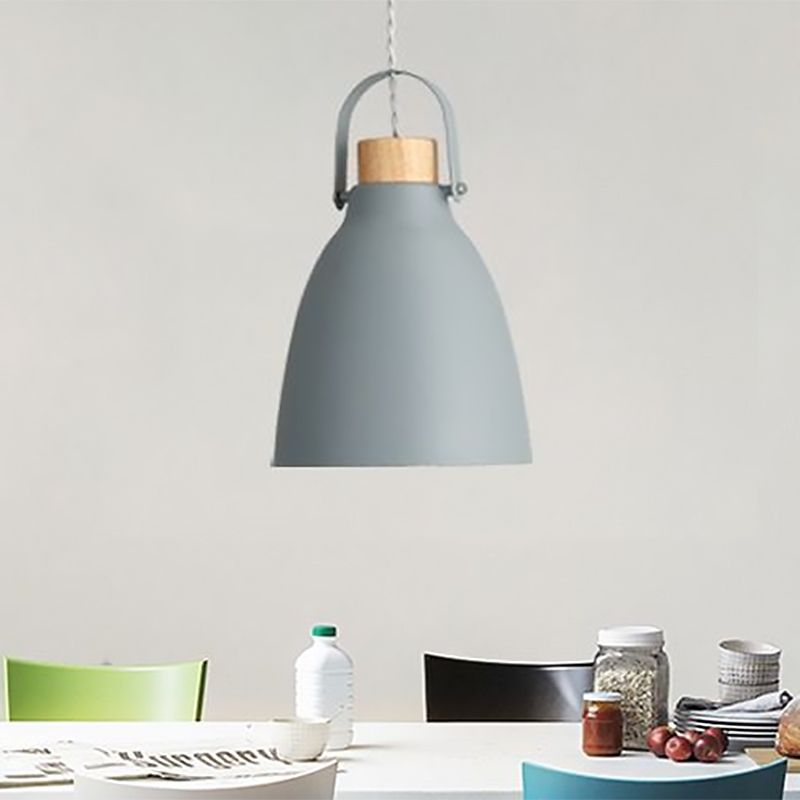 Flared Metal Down Lighting Contemporary 1 Head Grey Hanging Light Fixture with Wood Cap