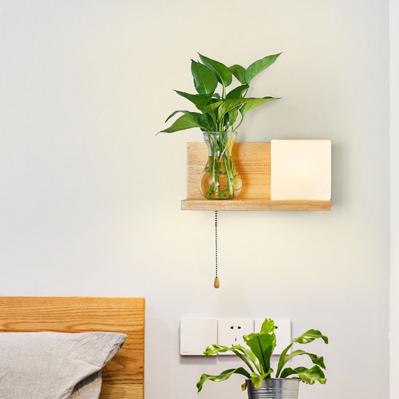 Contemporary Wooden Wall Sconce Simple Wall Light with Glass Shade without Plants
