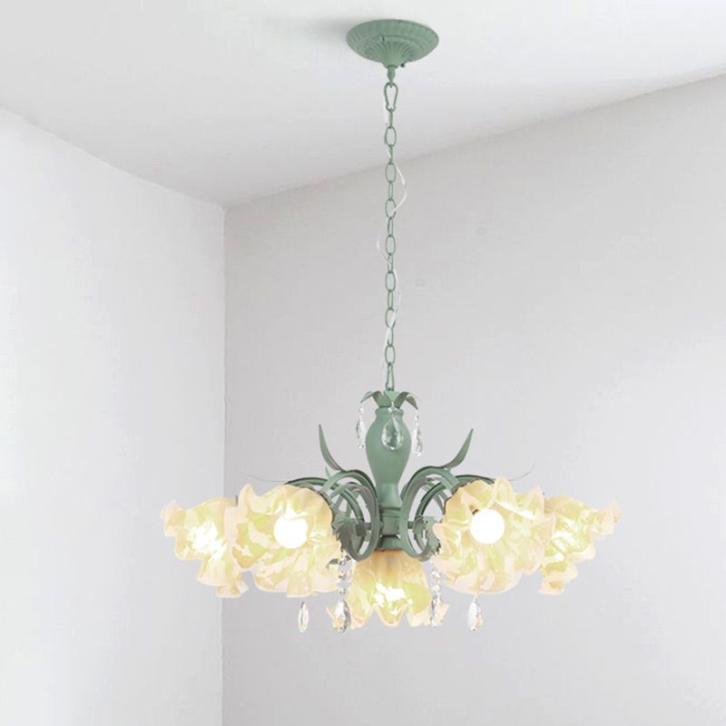 Ruffle Frost Glass Chandelier Light Korean Garden Dining Room Pendant Light Fixture
