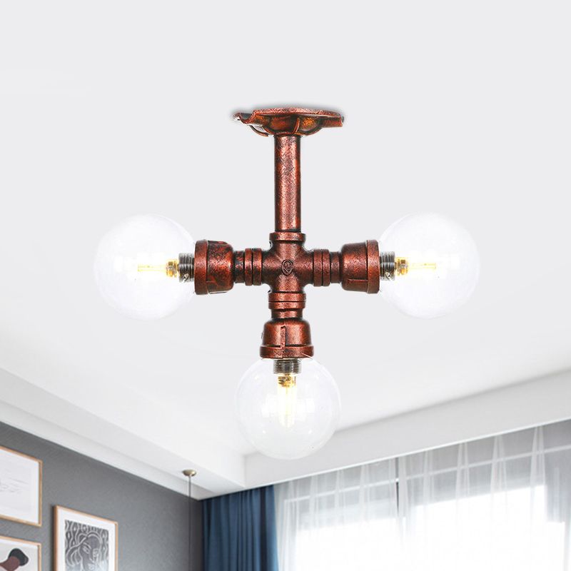 Rustic Global Semi-Flush Ceiling Fixture 3/4-Light Clear Glass Flush Mount Lighting in Copper
